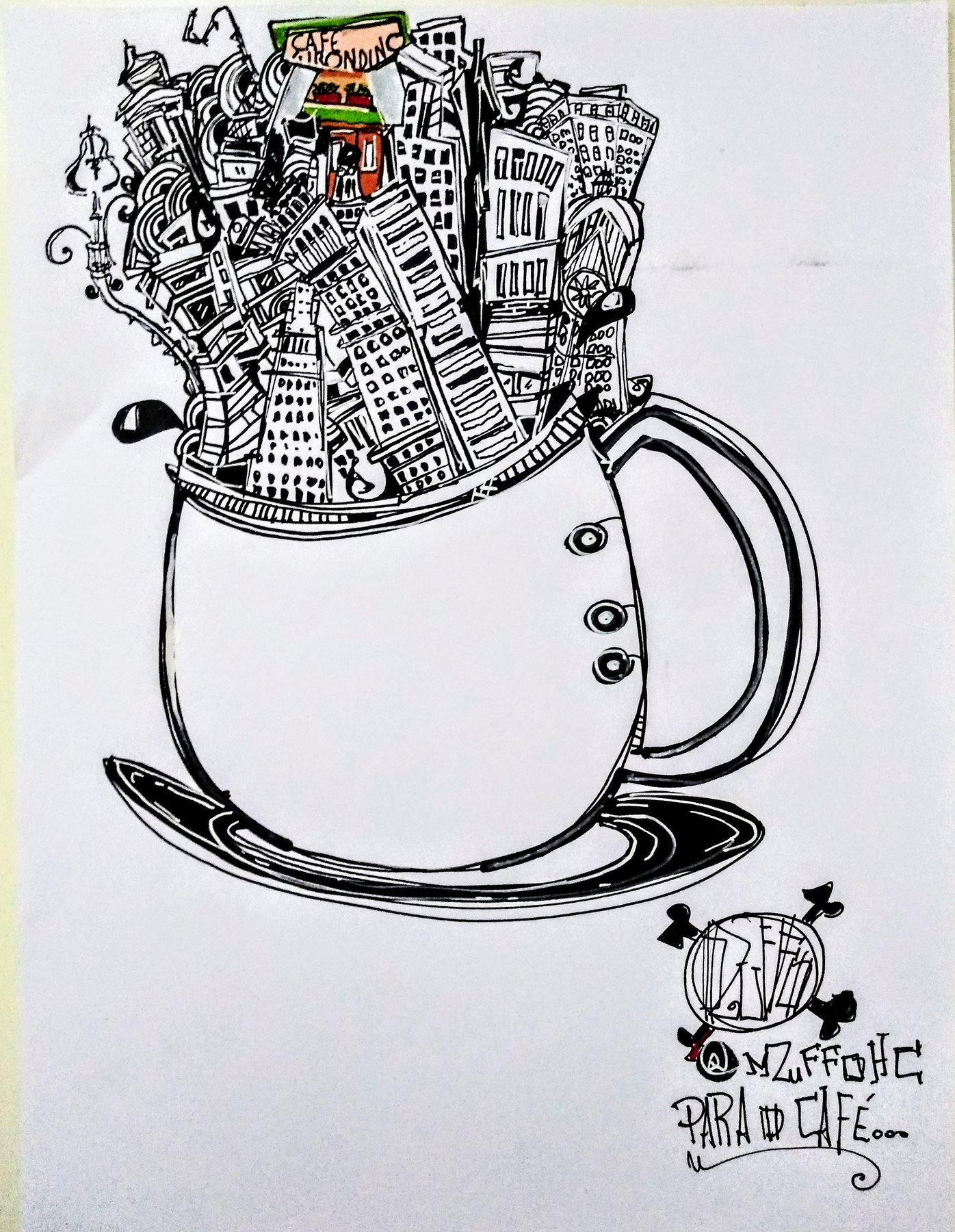 Personagem e cidade em uma xícara / estudo