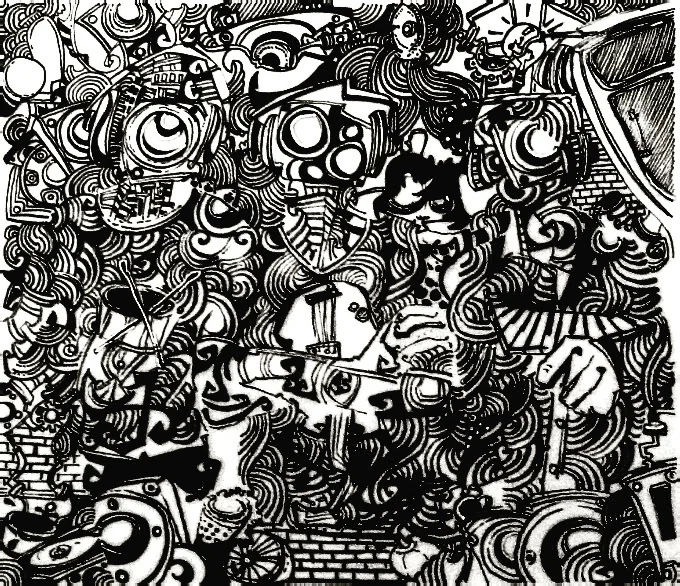 Desenho denso de Marcelo Zuffo para painel em MDF