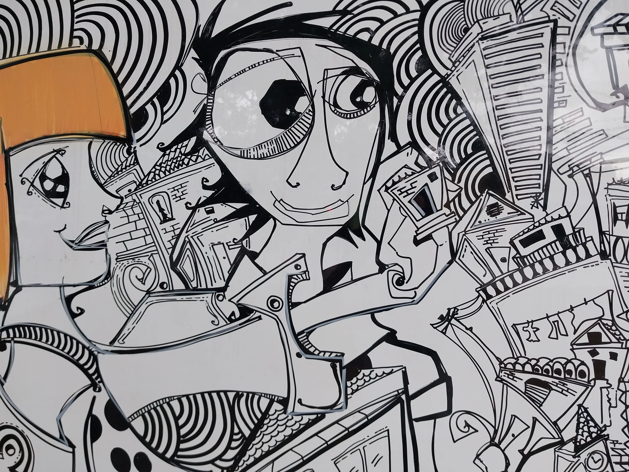 Detalhe de figuras e arquitetura no painel de Santo Amaro